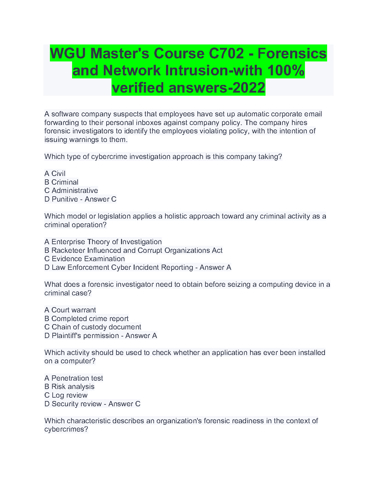 WGU C702 Forensics & Network Intrusion Exam Solutions 2022