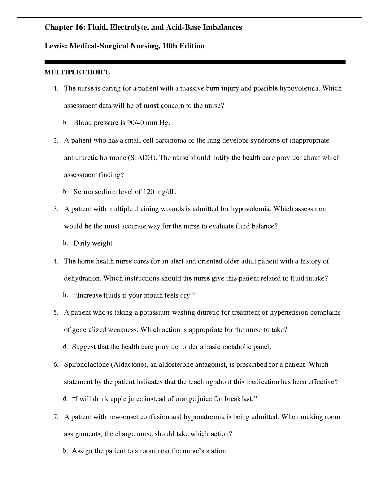 Fluid & Electrolytes Med-Surg Test Bank 2026/27 Lewis 10e