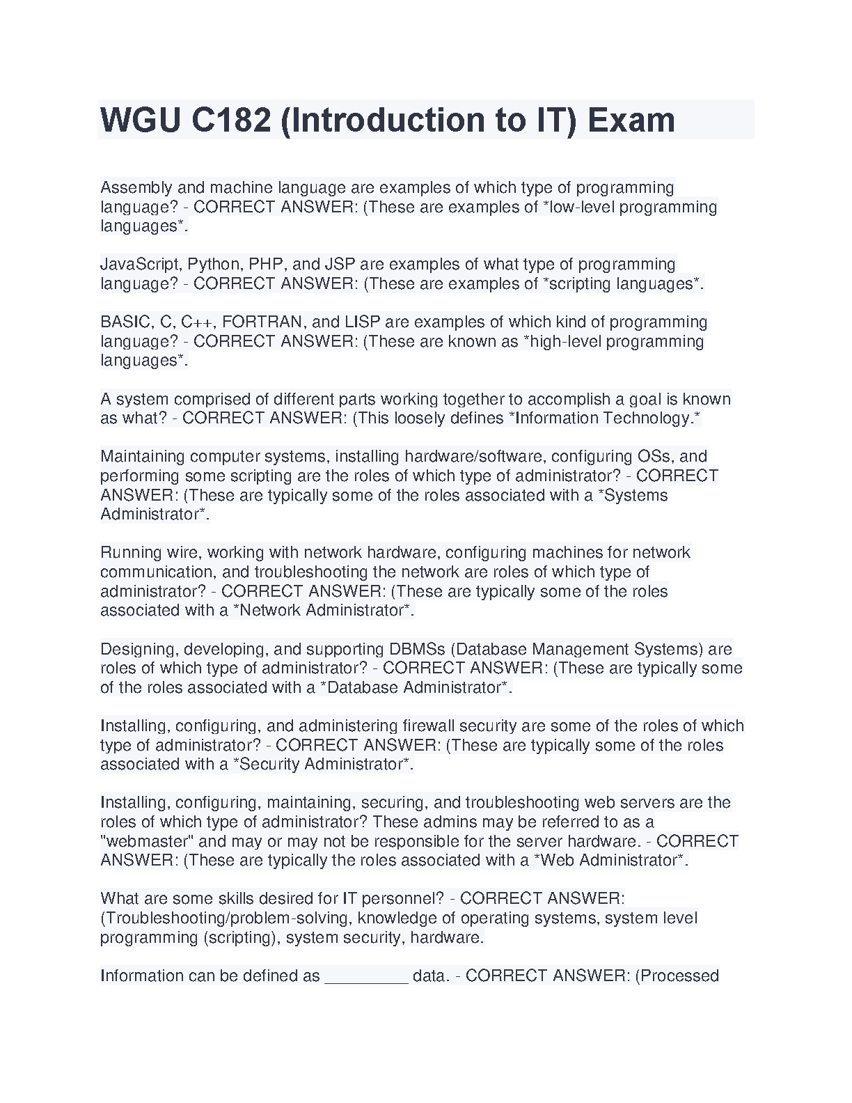 WGU C182 Intro to IT Study Guide 2024/25