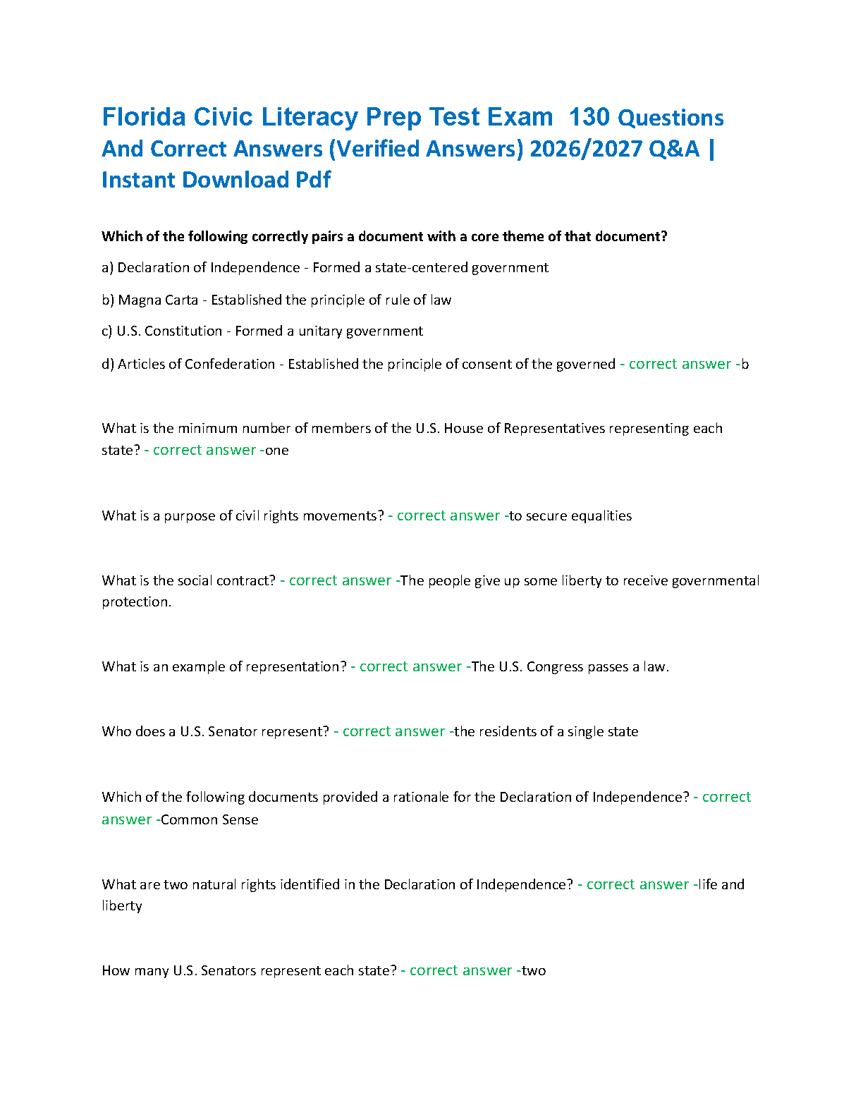 FL Civic Literacy Test Prep 2026/27: Questions & Answers Guide IMG-1