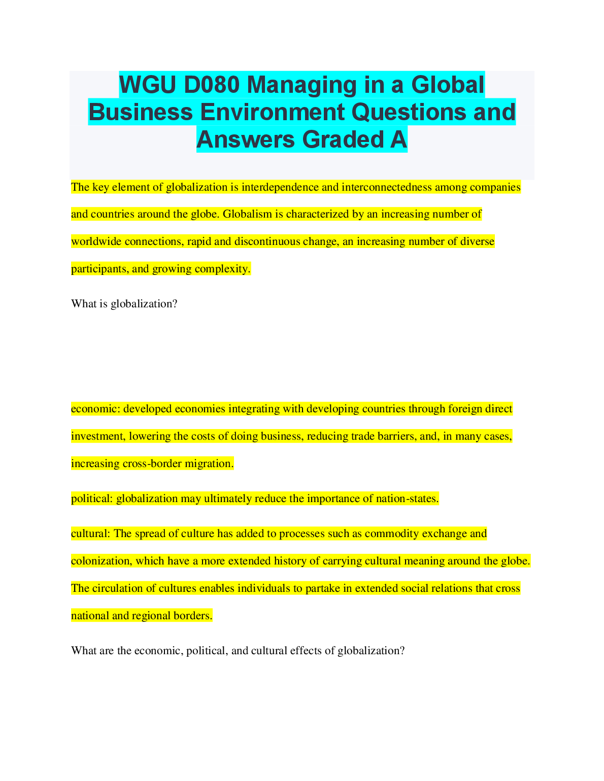 WGU D080 Global Business Q&A: Pass Exams First Attempt