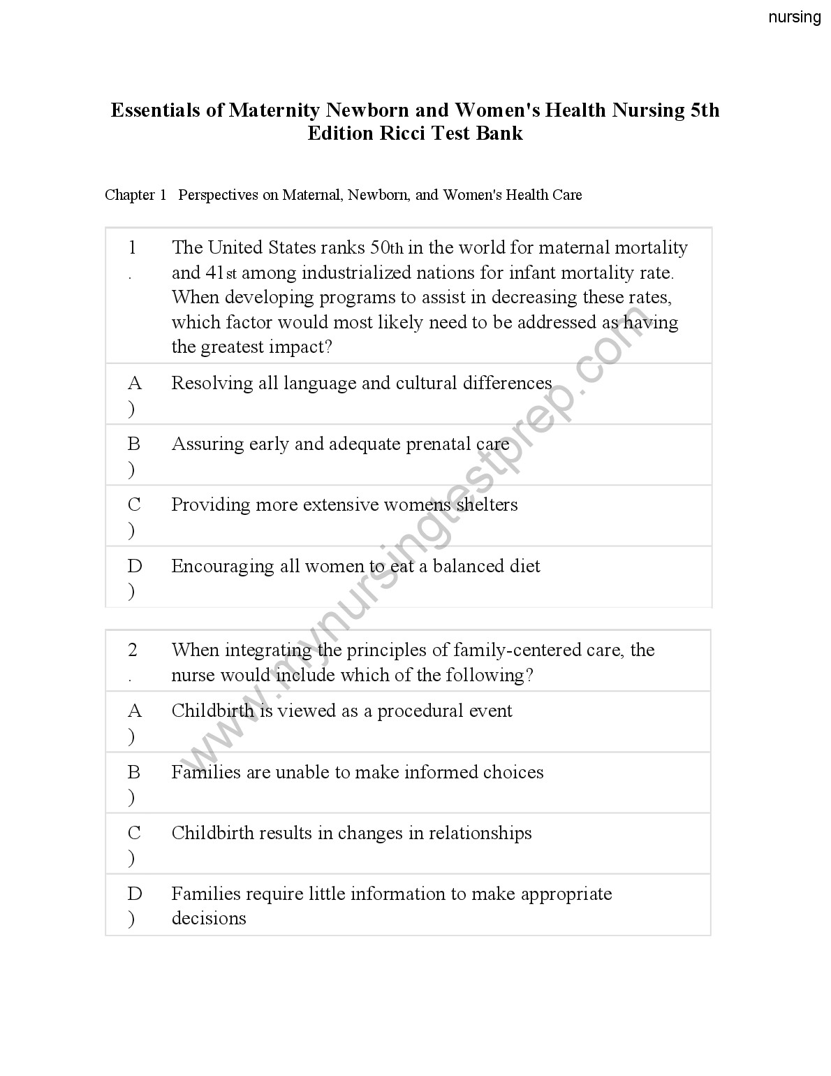 Ricci Maternity Nursing Test Bank 5th Ed 2026/27