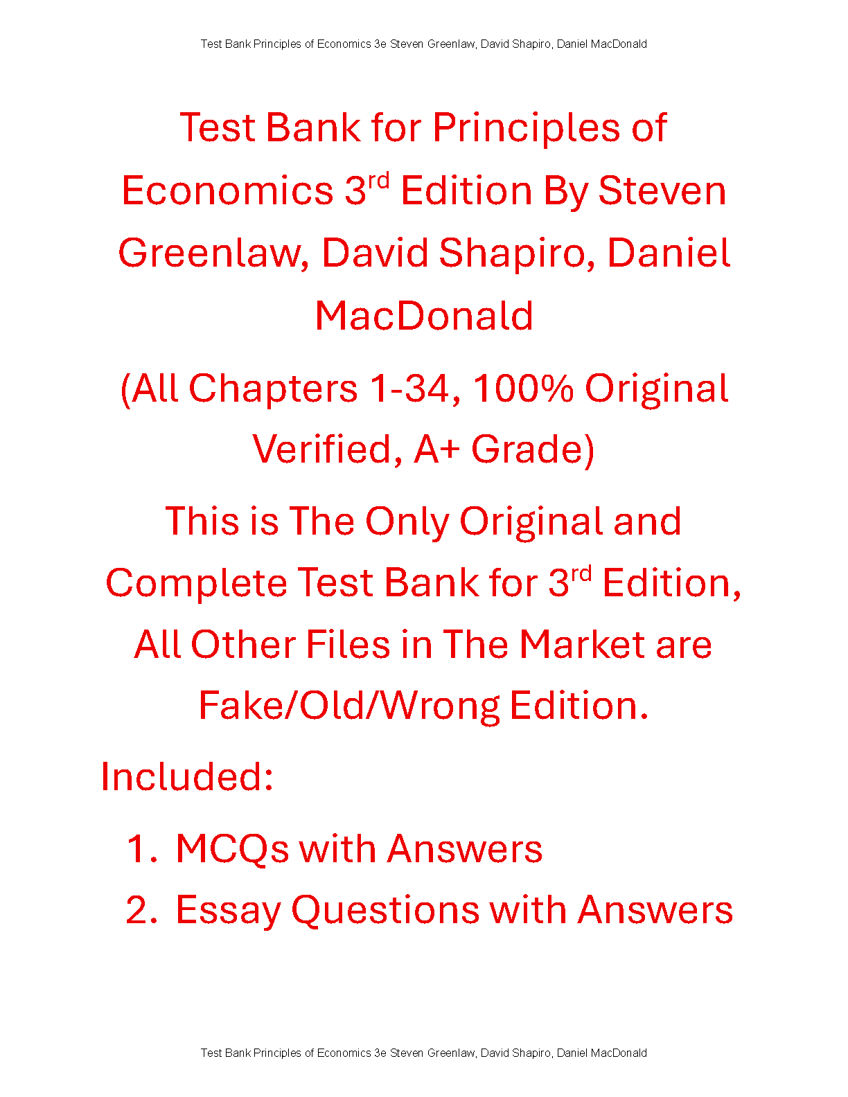 Economics Test Bank Principles 3rd Ed Greenlaw Chap 1-34