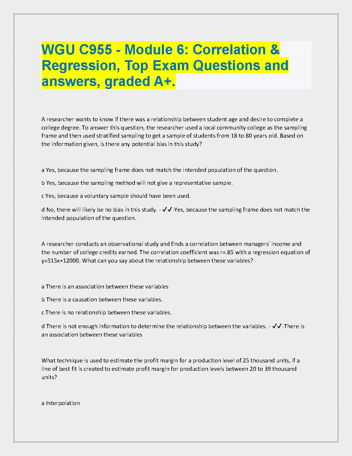 WGU C955 Correlation & Regression Exam Q&A (2024)