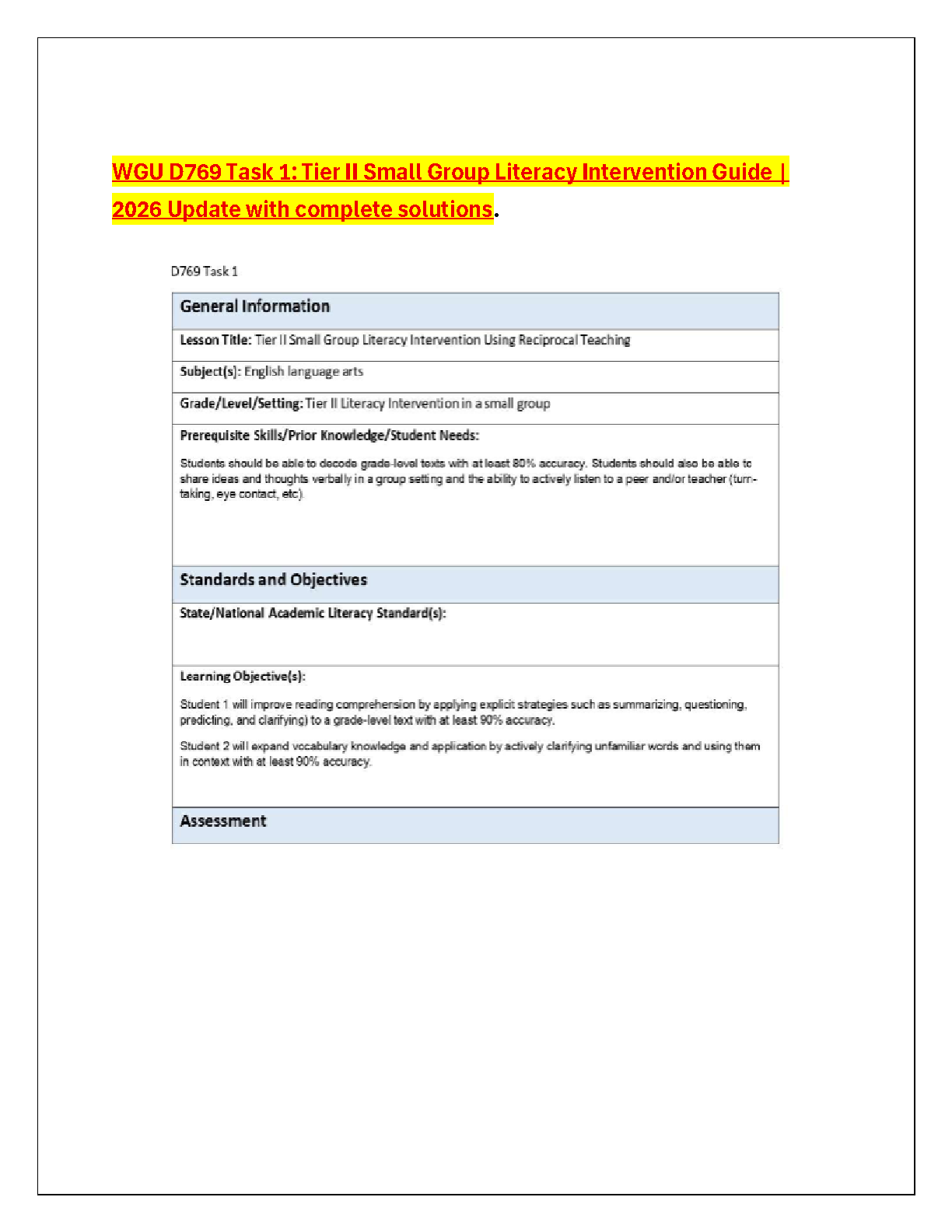 WGU D769 Task 1 Tier II Literacy Solution Guide IMG-1