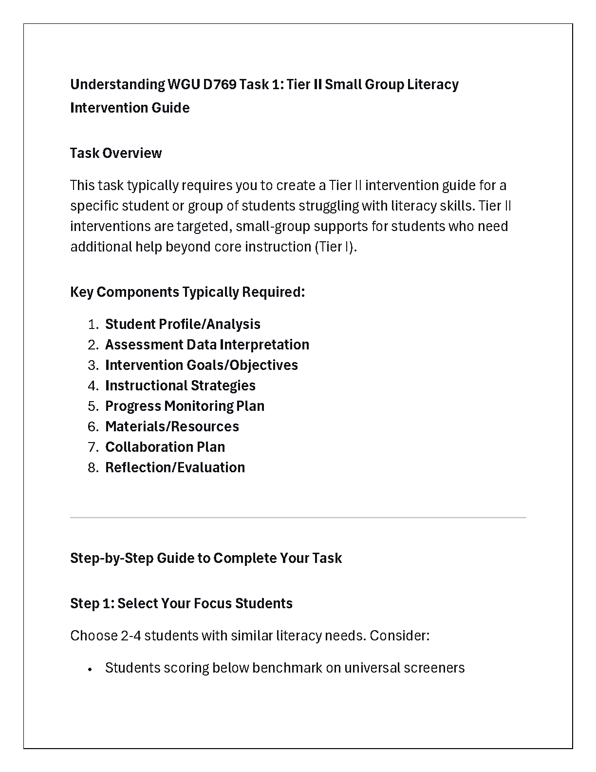 WGU D769 Task 1 Tier II Literacy Solution Guide