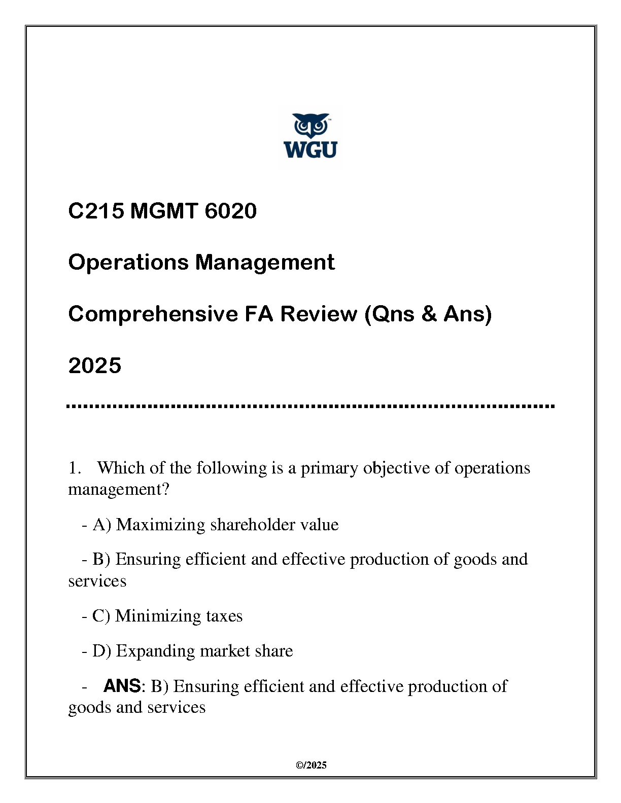 WGU C215 Operations Management Final Exam Review 2025