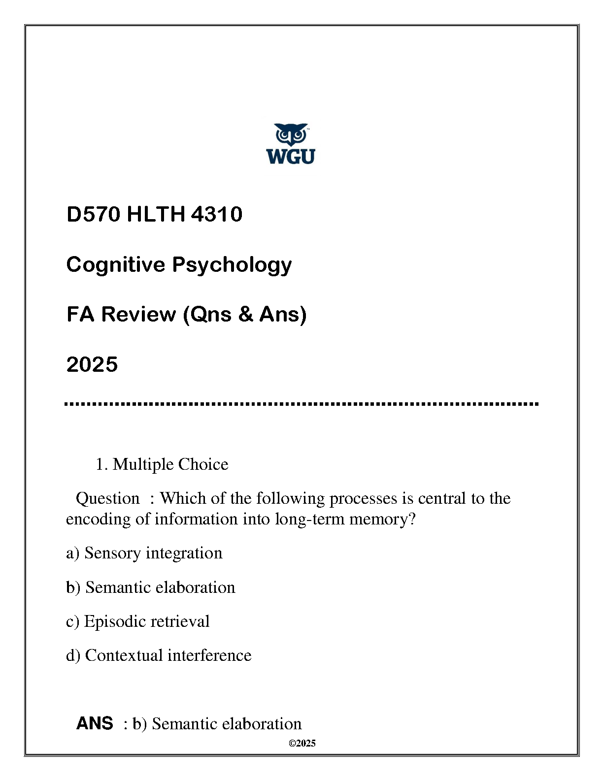 WGU HLTH 4310 Cognitive Psychology Exam Prep 2025 IMG-1