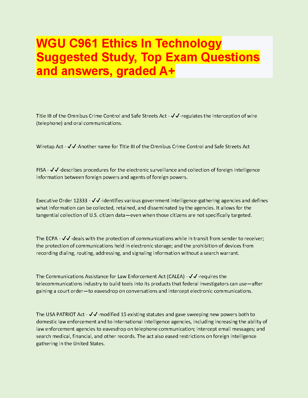 WGU C961 Ethics in Technology Exam Guide 2024
