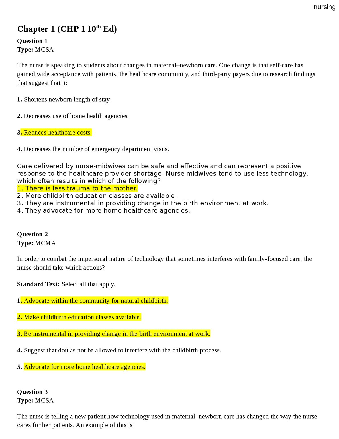 Maternal Newborn Nursing 2026/27 Test Bank
