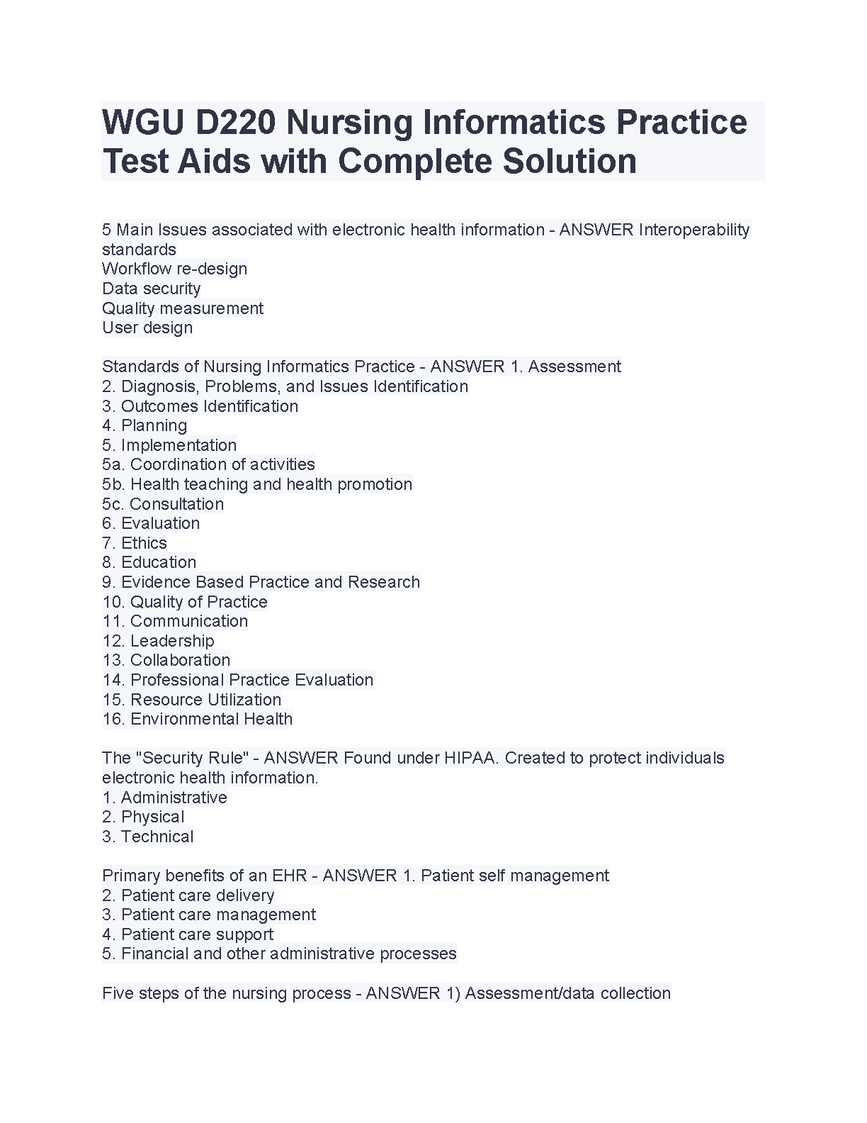 WGU D220 Nursing Informatics Test Bank and Solutions