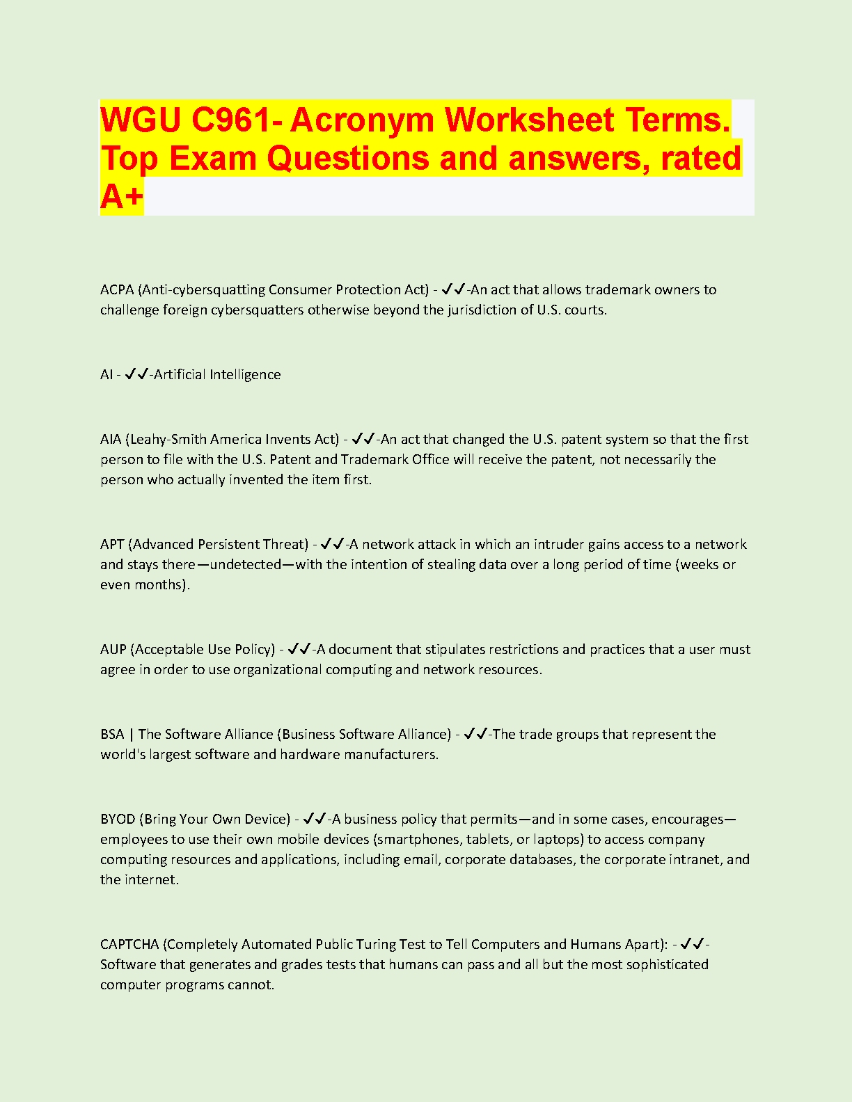 WGU C961 Acronym Worksheet 2024 Exam Prep A+ Notes IMG-1