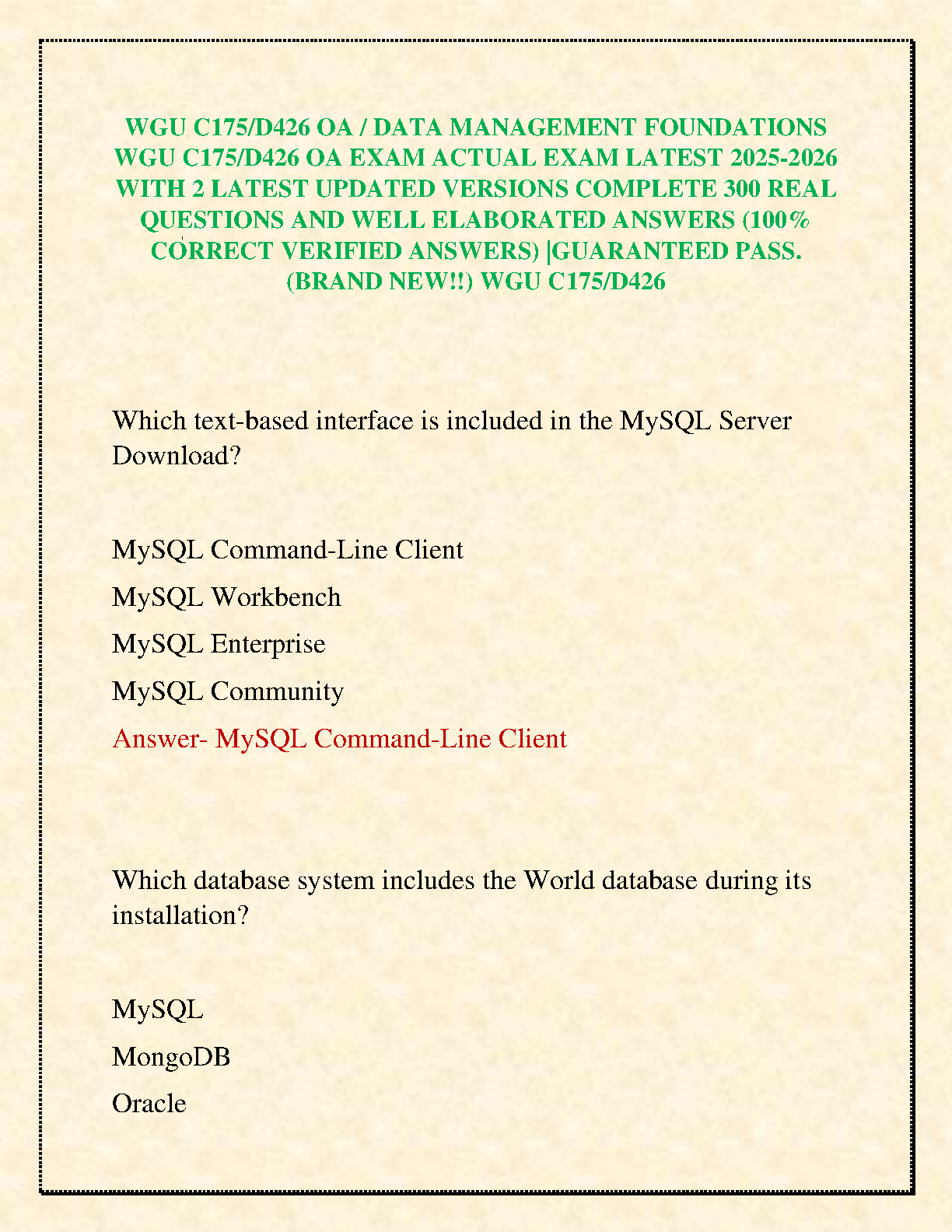 WGU C175/D426 Data Mgmt Test Bank 2025