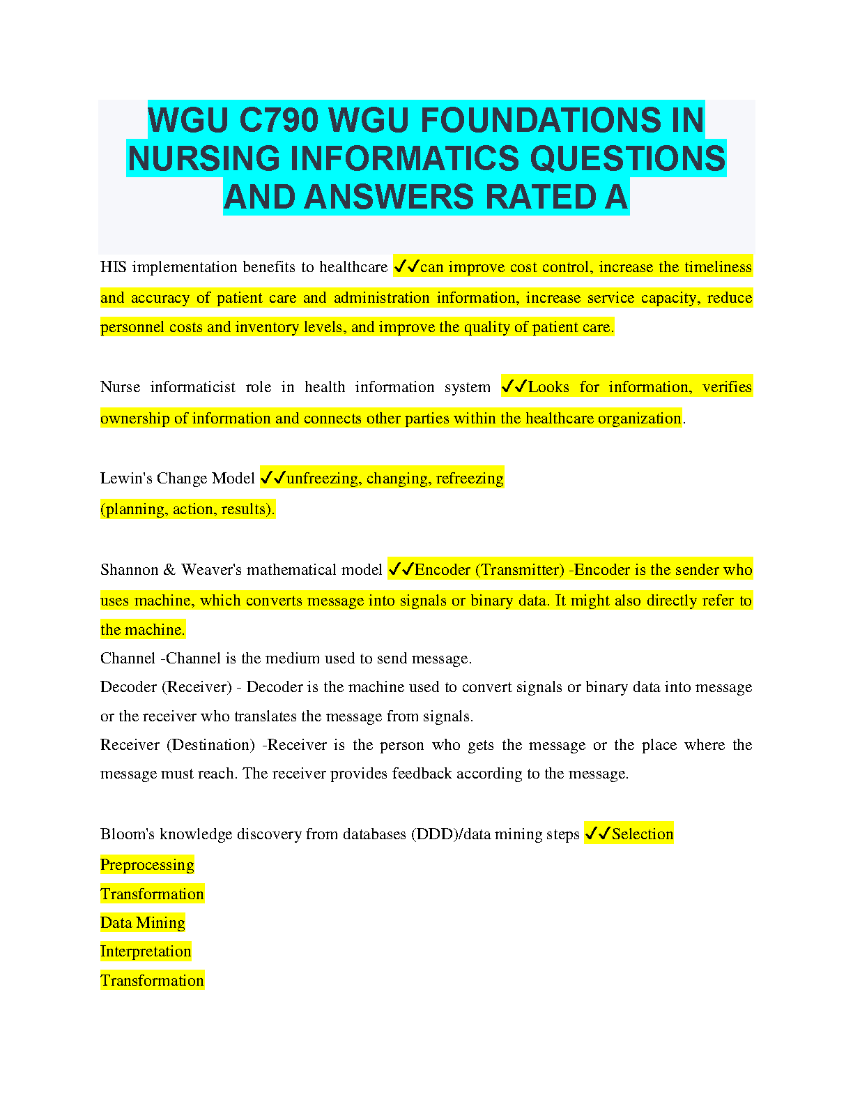 WGU C790 Nursing Informatics Q&A Rated A Study Guide