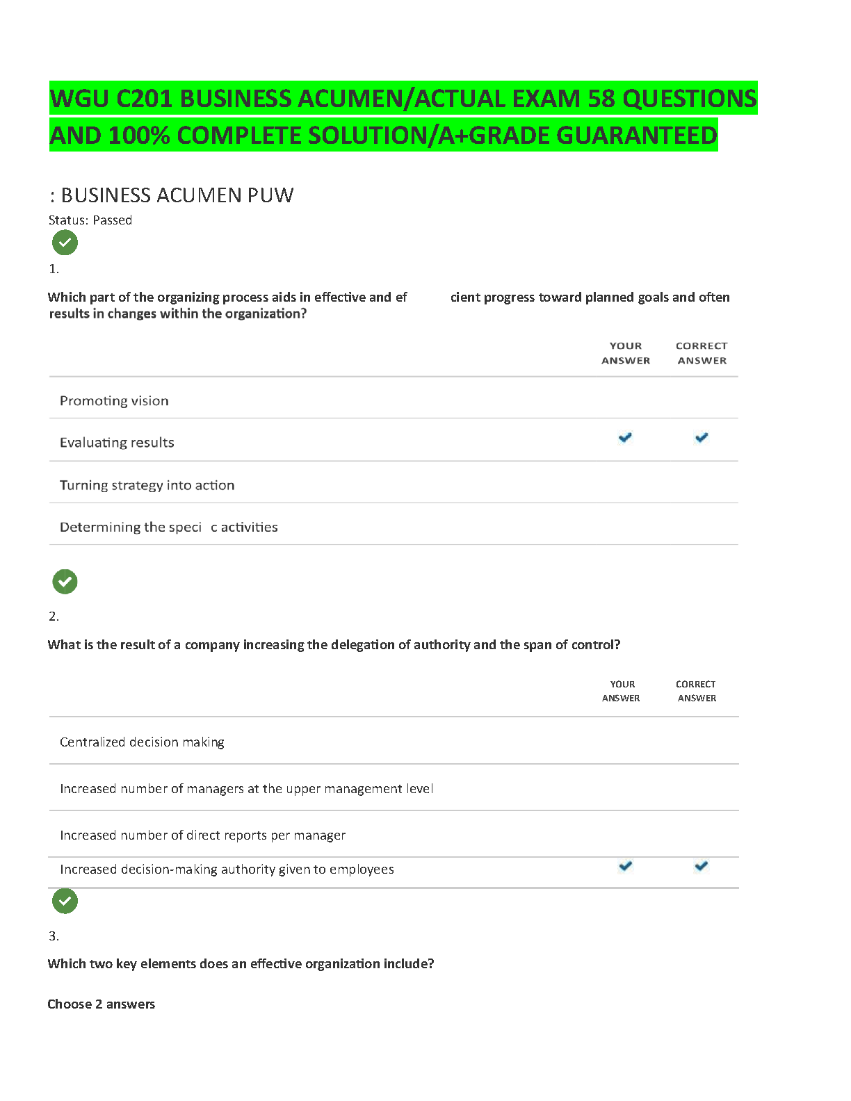 WGU C201 Business Acumen Study Guide & Answers