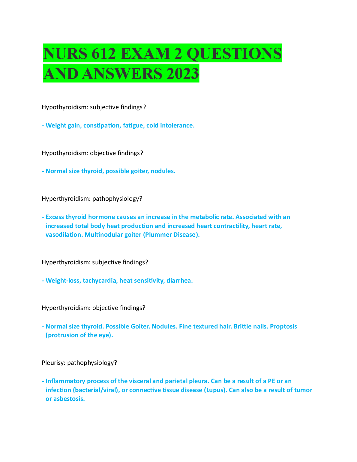 Nursing NURS 612 Exam 2 Questions and Answers
