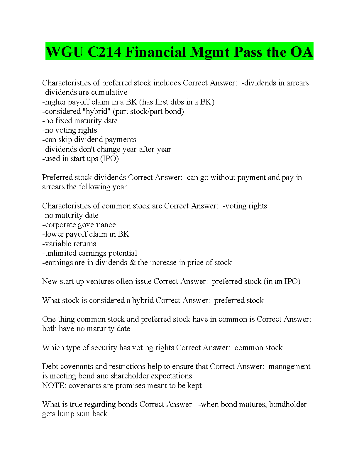 WGU C214 Financial Management OA Study Guide 2025