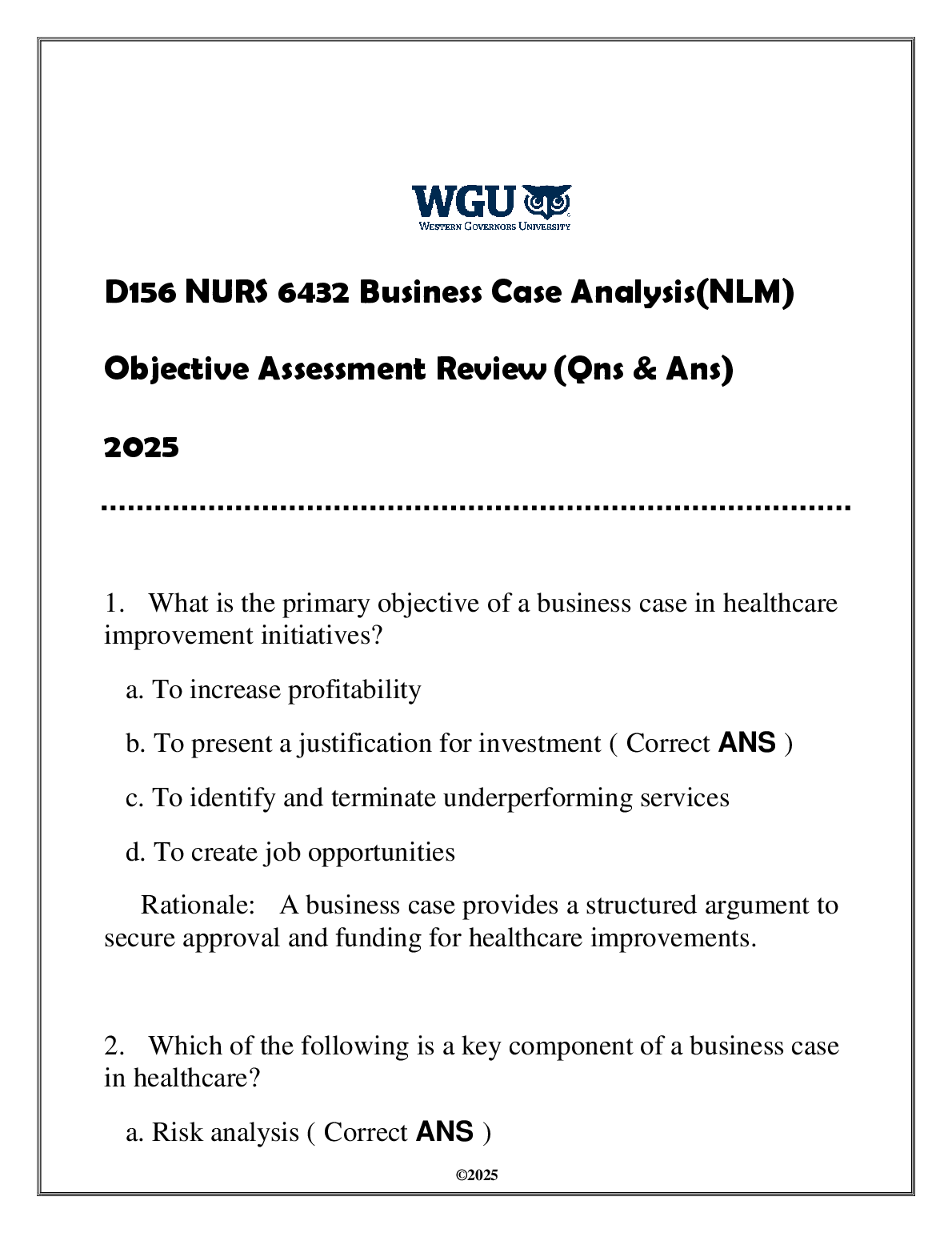 NURS 6432 Business Case Exam Prep: Q&A Review (NLM)