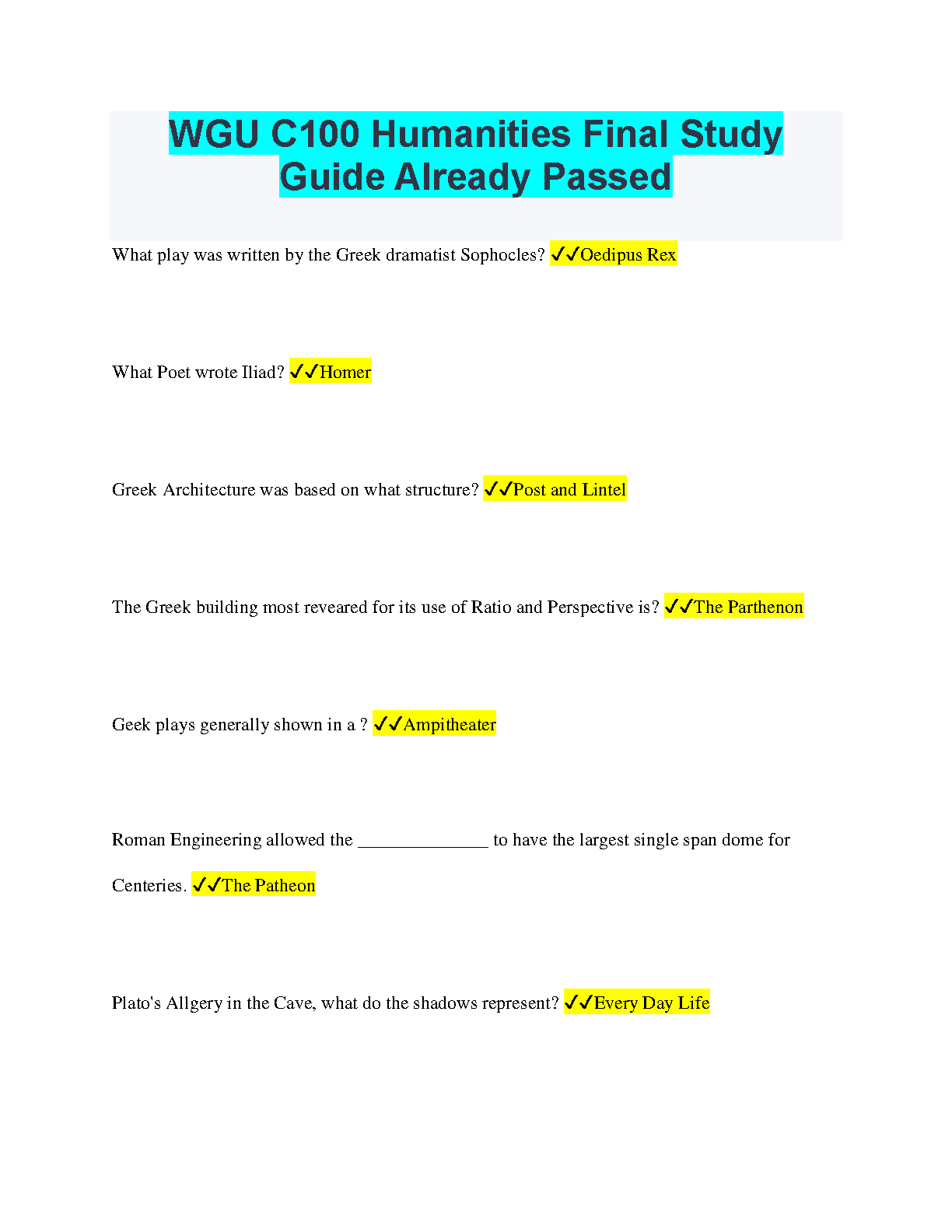 WGU C100 Humanities Final Exam Study Guide 2024-2025 IMG-1