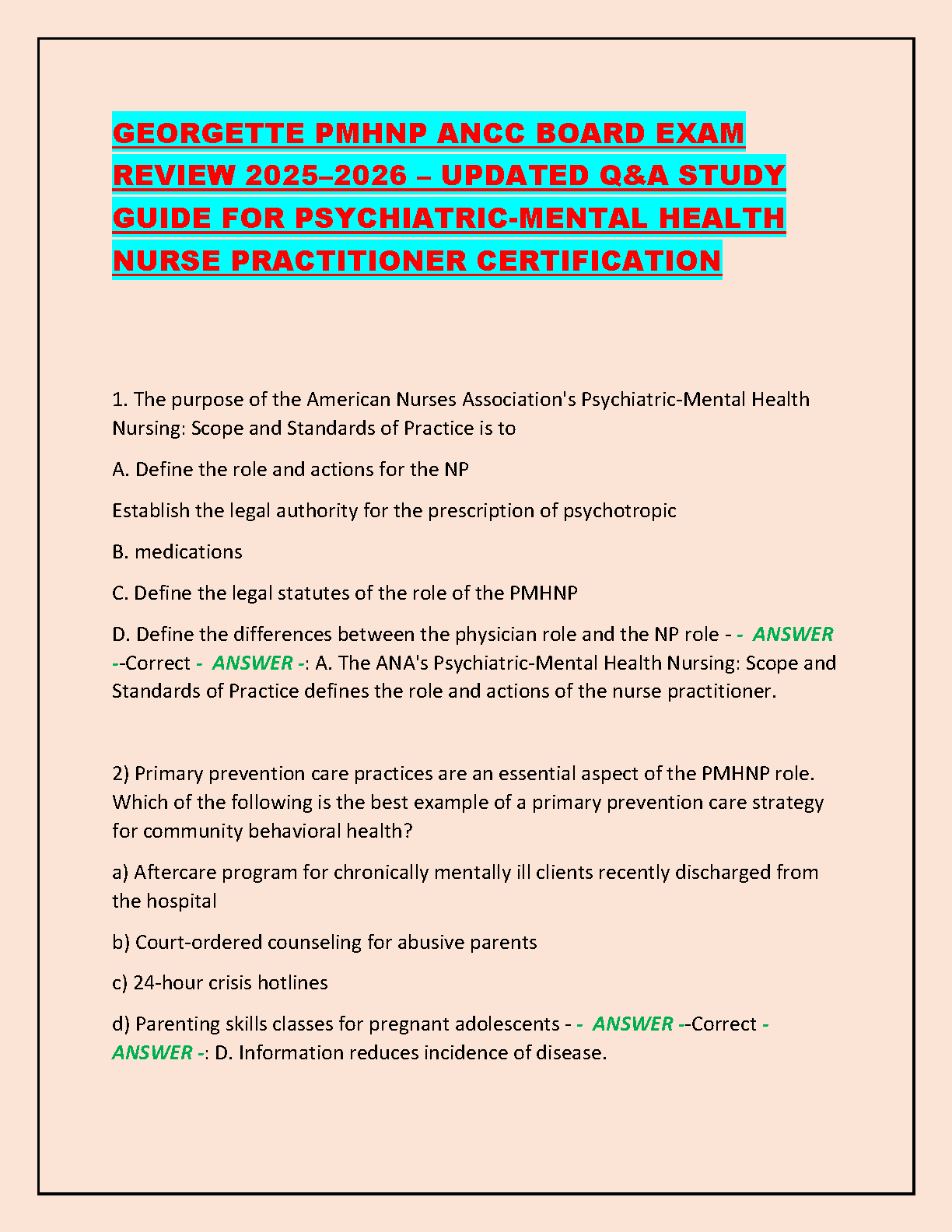 PMHNP ANCC Board Exam Test Bank 2026/27 | Georgette V. Nicolas