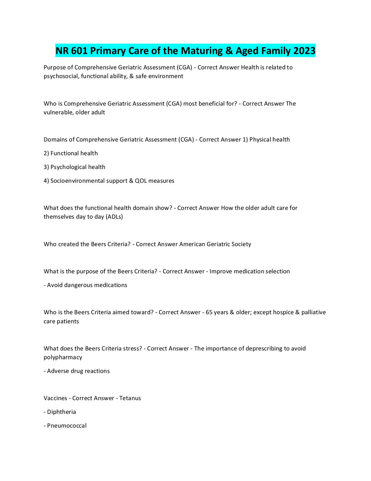 NR 601 Geriatric Nursing Test Bank Questions and Answers