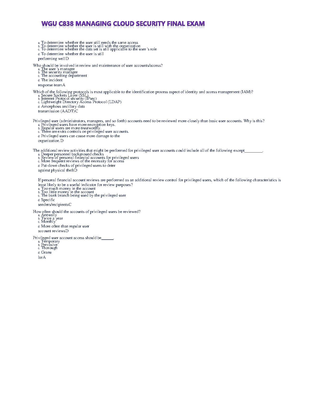 WGU C838 Managing Cloud Security Final Exam Q&A 2024-2025
