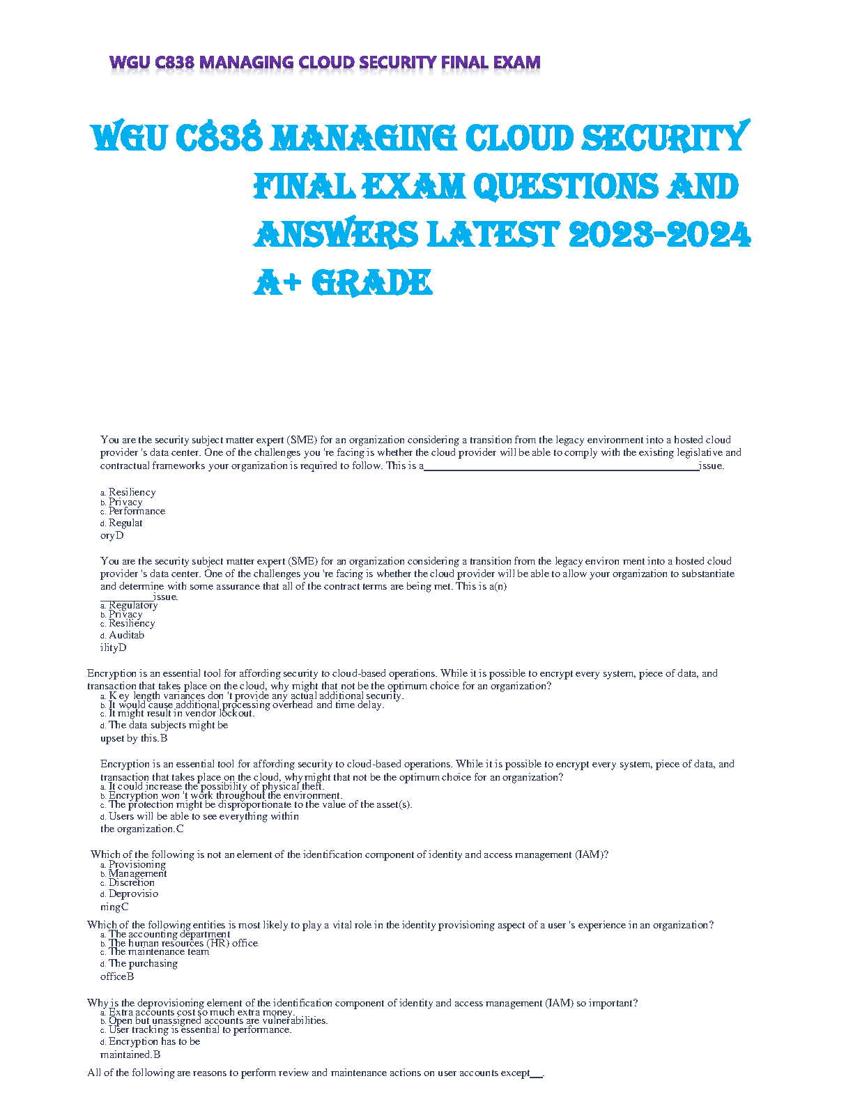 WGU C838 Managing Cloud Security Final Exam Q&A 2024-2025