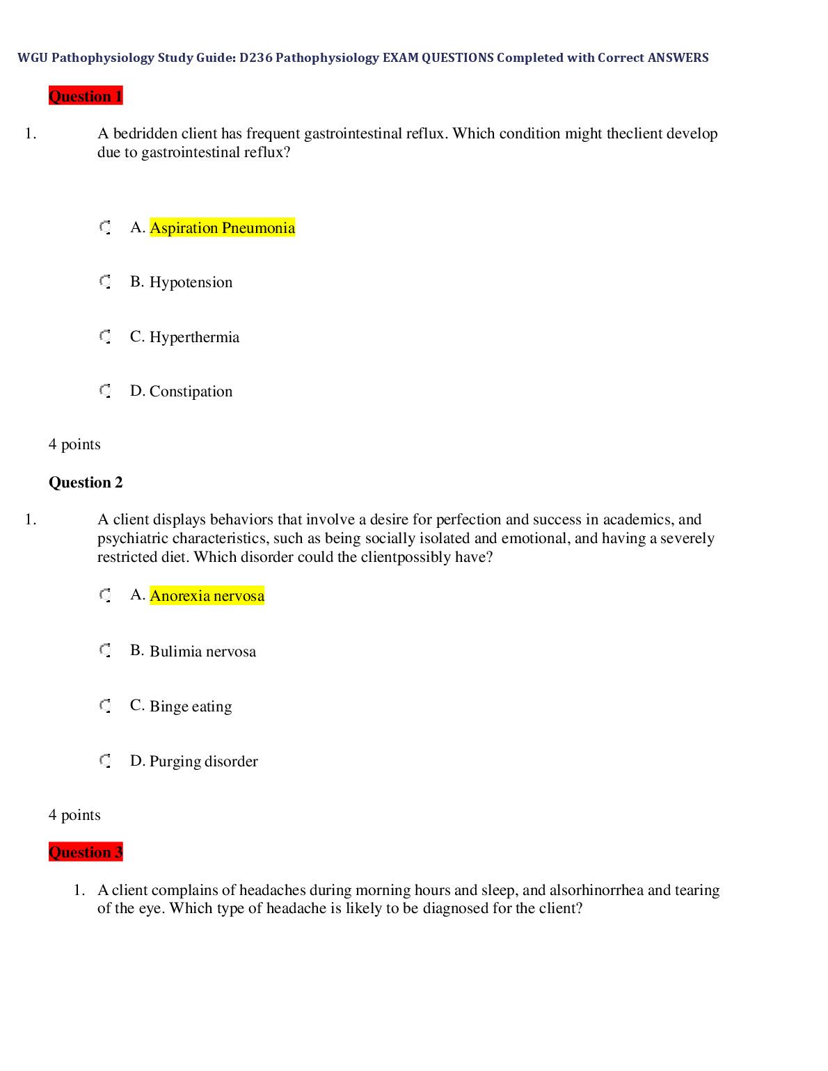WGU D236 Pathophysiology Exam Questions and Answers 2024