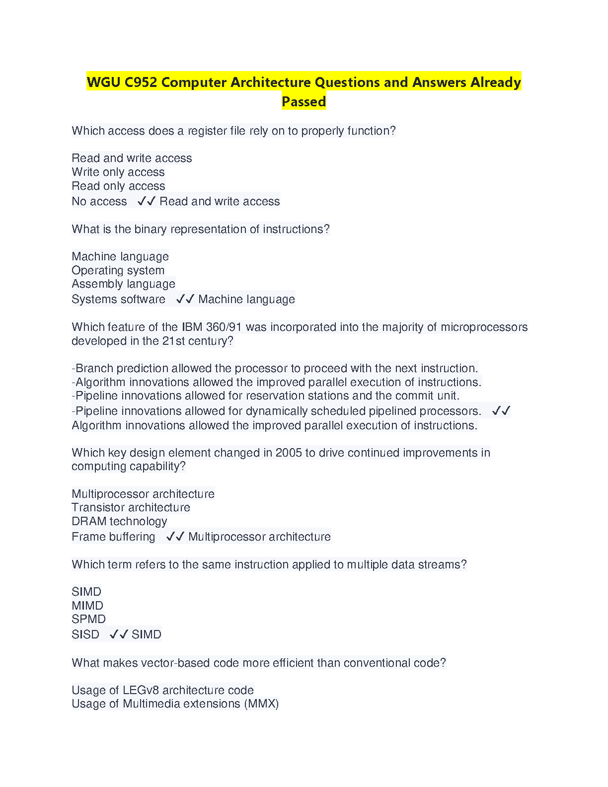 WGU C952 Computer Architecture Questions and Answers