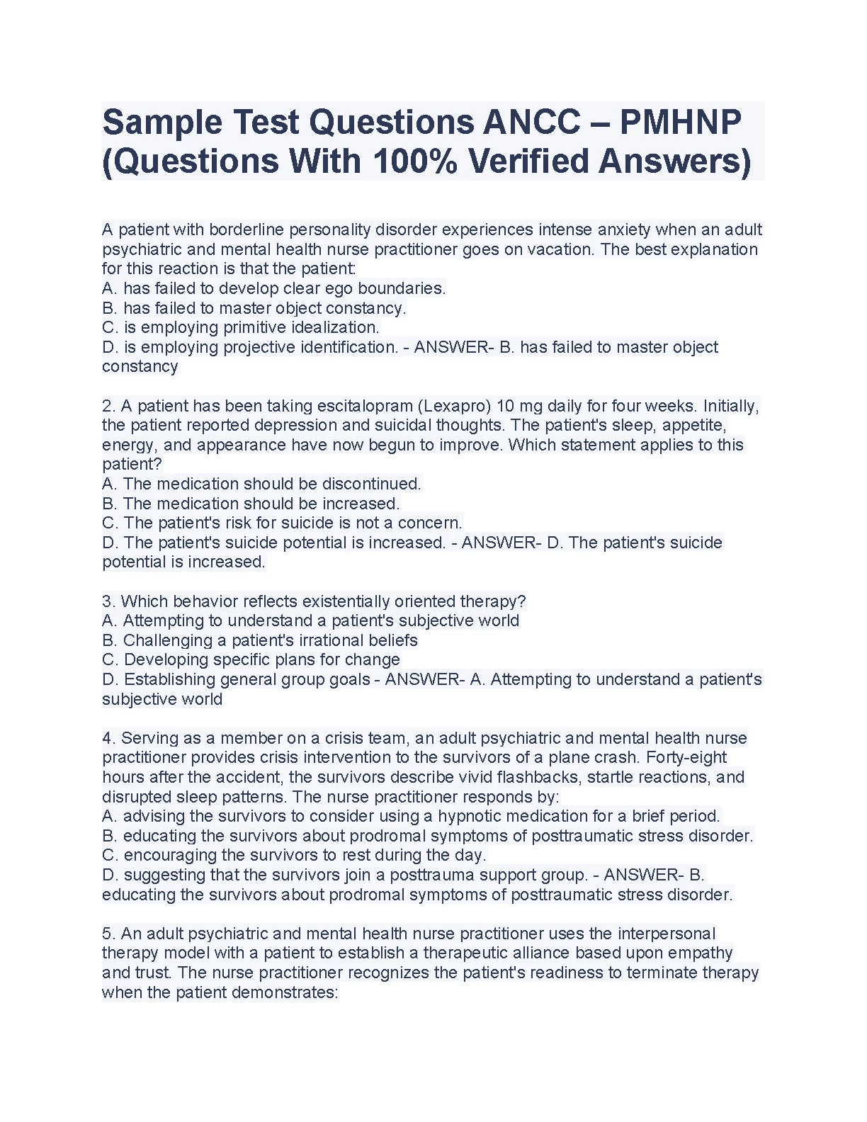 ANCC PMHNP Practice Questions & Answers 2026/2027 Guide