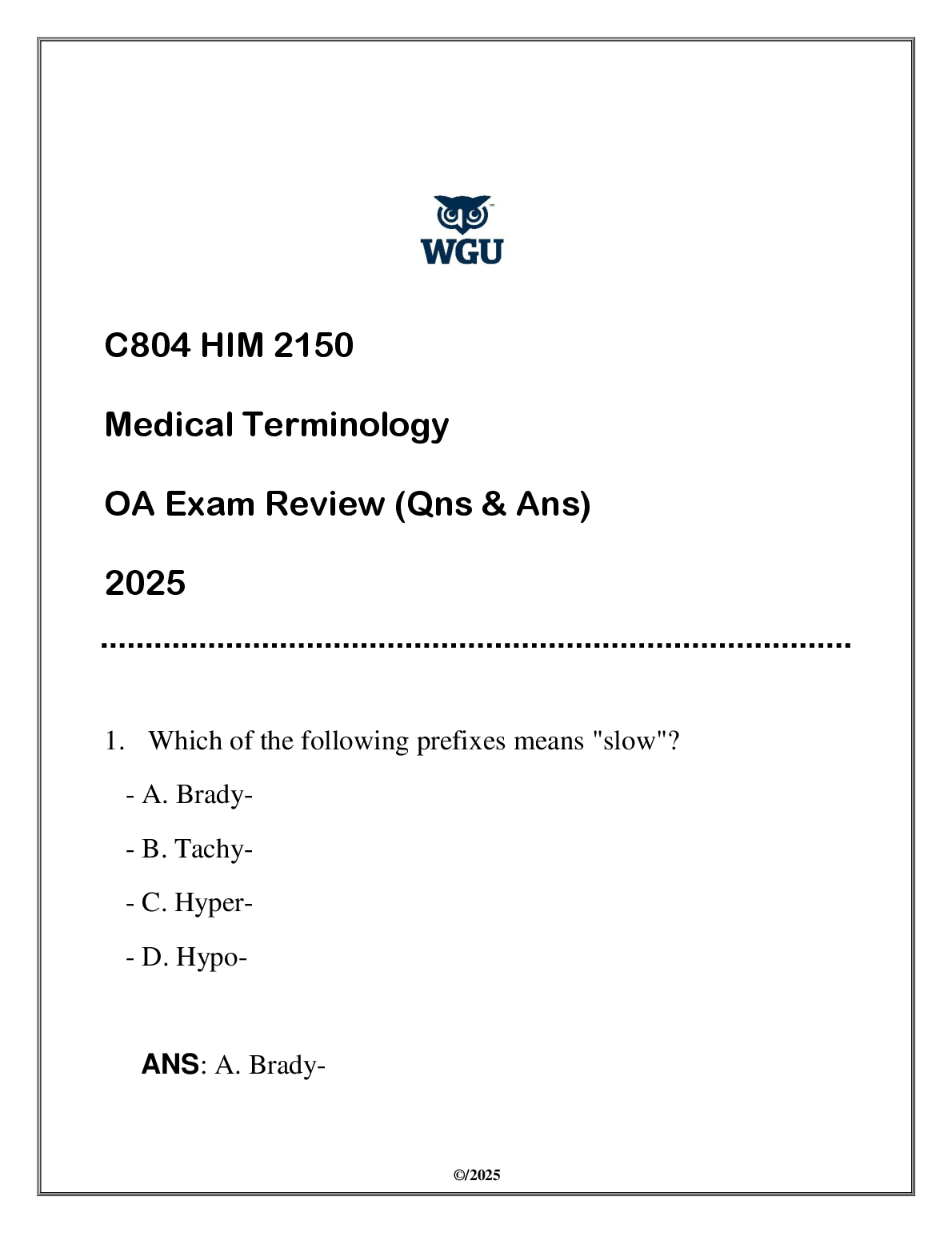 WGU C804 Medical Terminology OA Exam Review Test Bank 2025