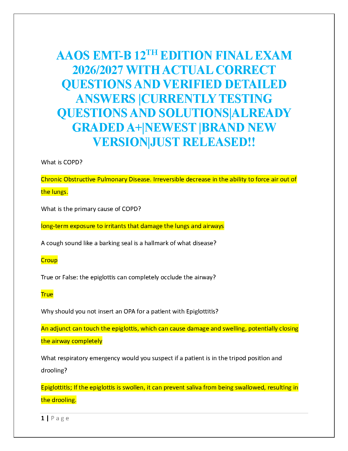 EMT-B Final Exam Study Guide 2026 AAOS Pollak