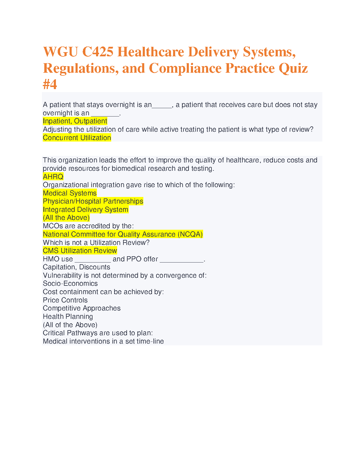 WGU C425 Healthcare Delivery Practice Quiz 2024-2025 Exam Prep IMG-1