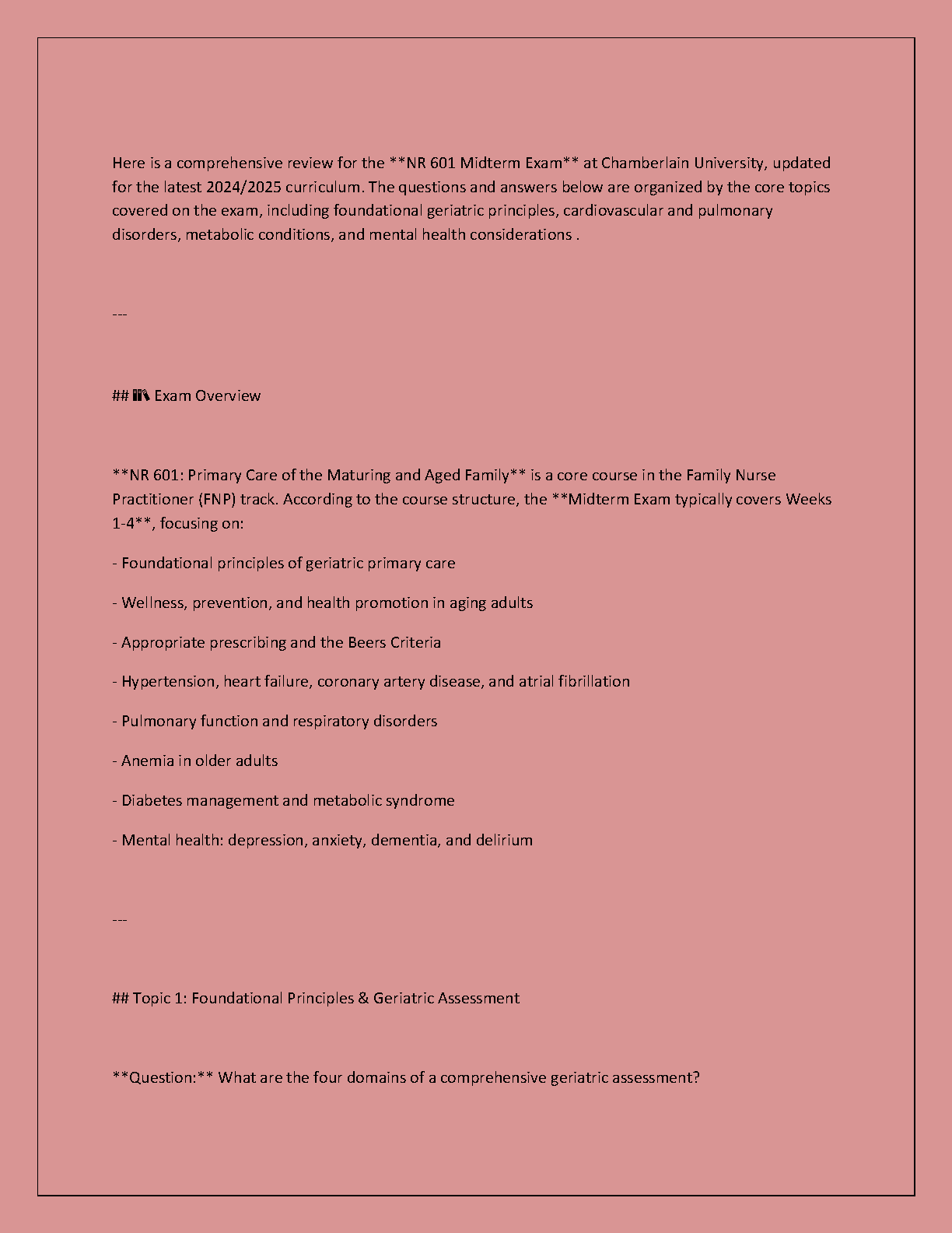 Chamberlain NR 601 Midterm Questions and Answer Key