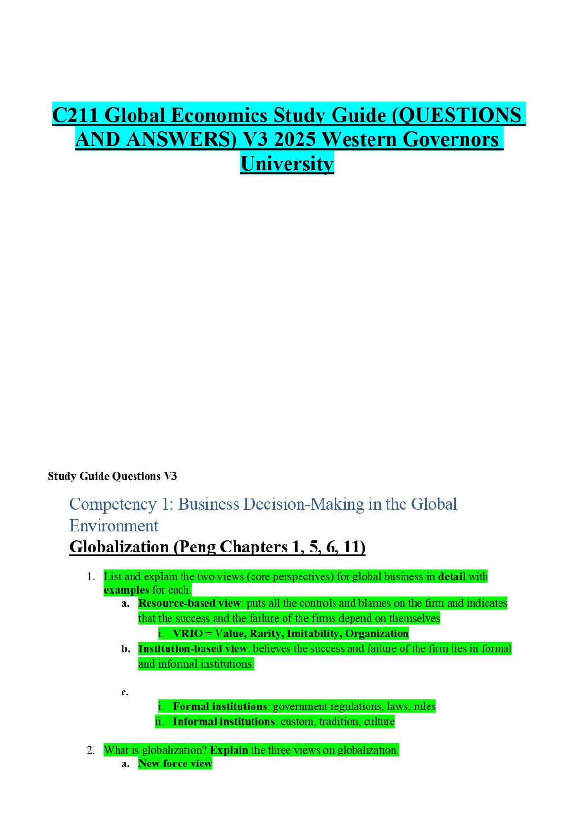 C211 Global Economics Study Guide | WGU Exam Prep