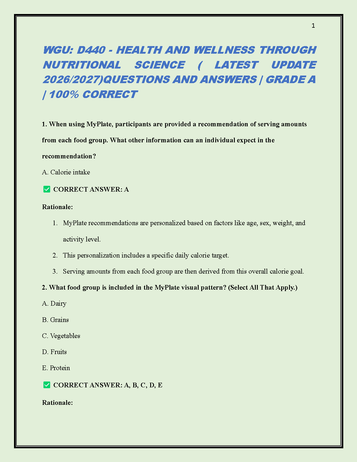 WGU D440 Nutrition Test Bank Smolin & Grosvenor 4th Ed