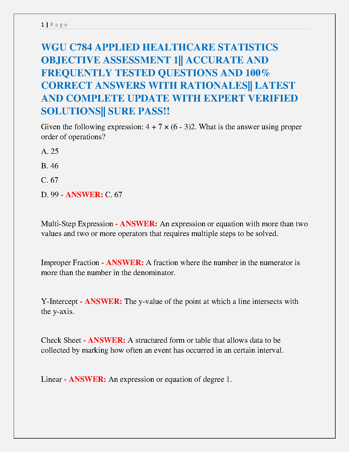 WGU C784 Healthcare Stats OA1 Test Bank Verified Q&A