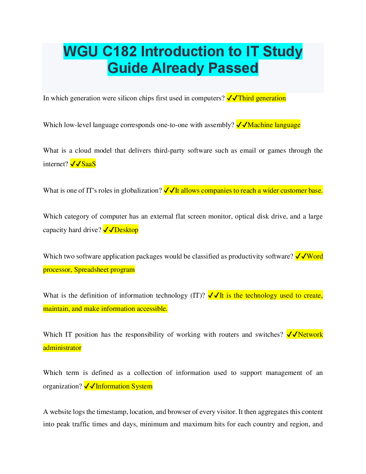 WGU C182 Introduction to IT Study Guide Questions Answers