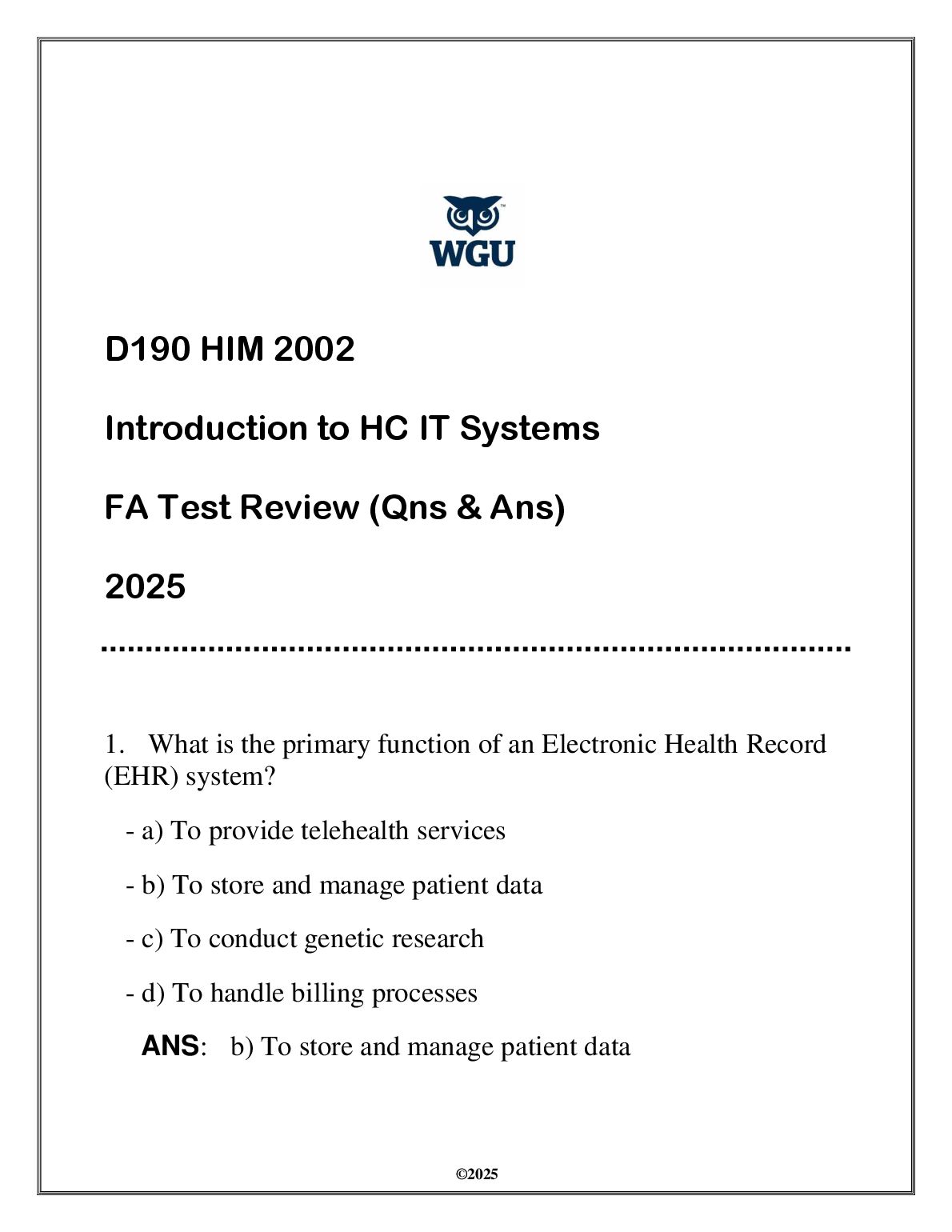 WGU HIM 2002 Intro to HC IT Systems Final Exam Prep Bank