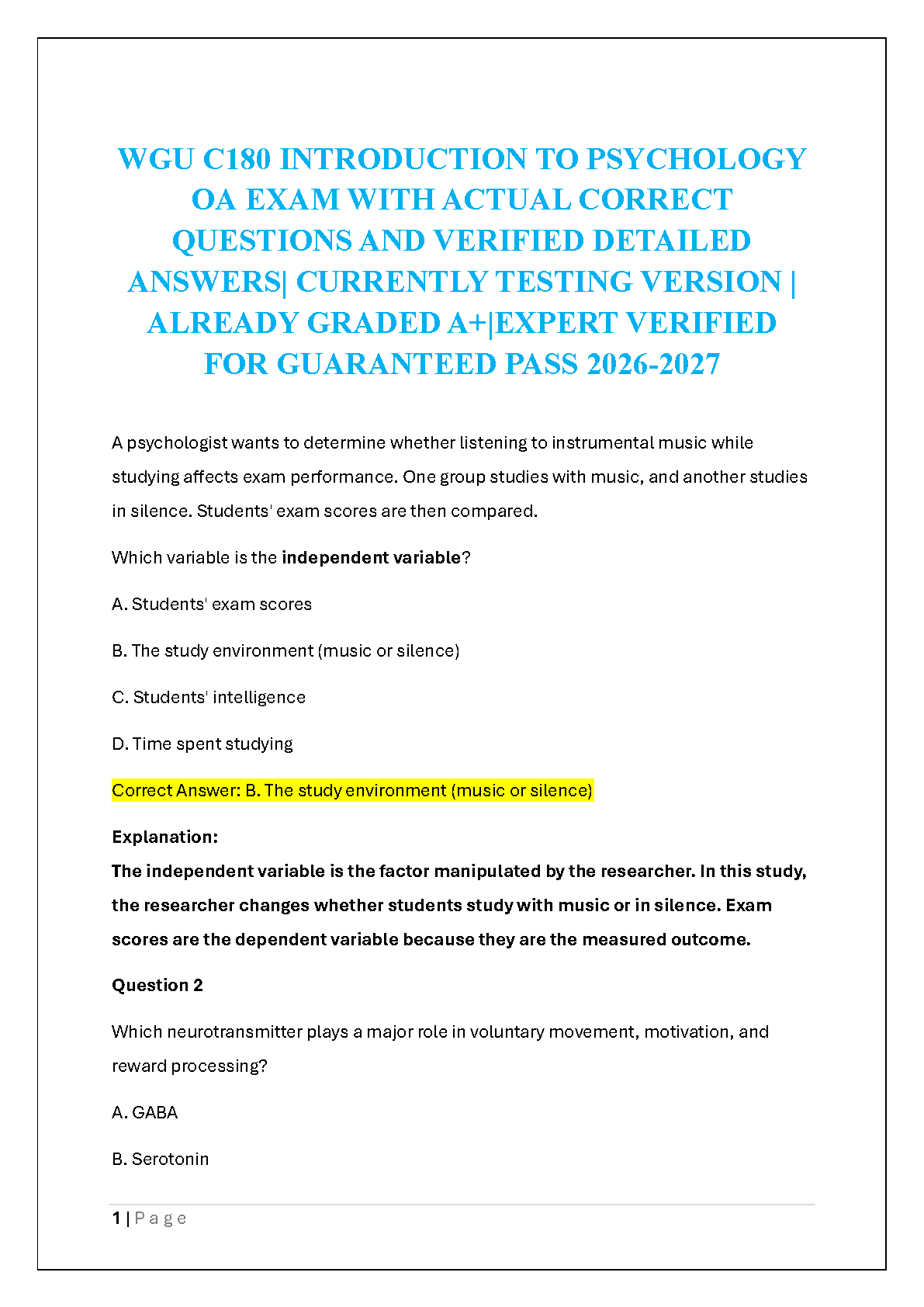 WGU C180 Intro Psych Exam Guide & Verified Answers 2026/27