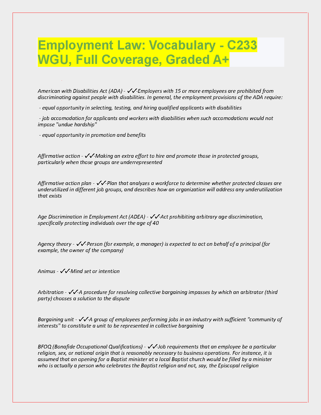 WGU C233 Employment Law Vocab Guide 2024-2025
