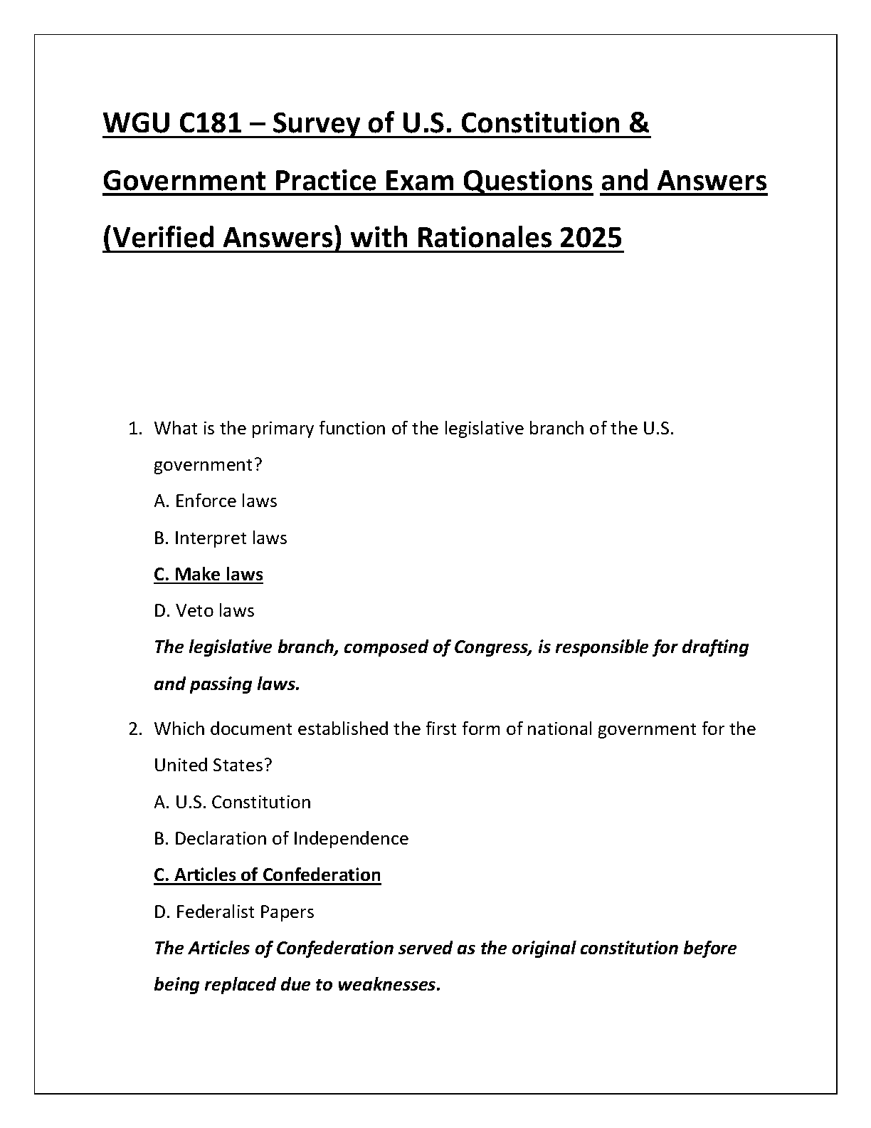 WGU C181 Survey US Const Govt Practice Exam 2025 Q&A Guide IMG-1