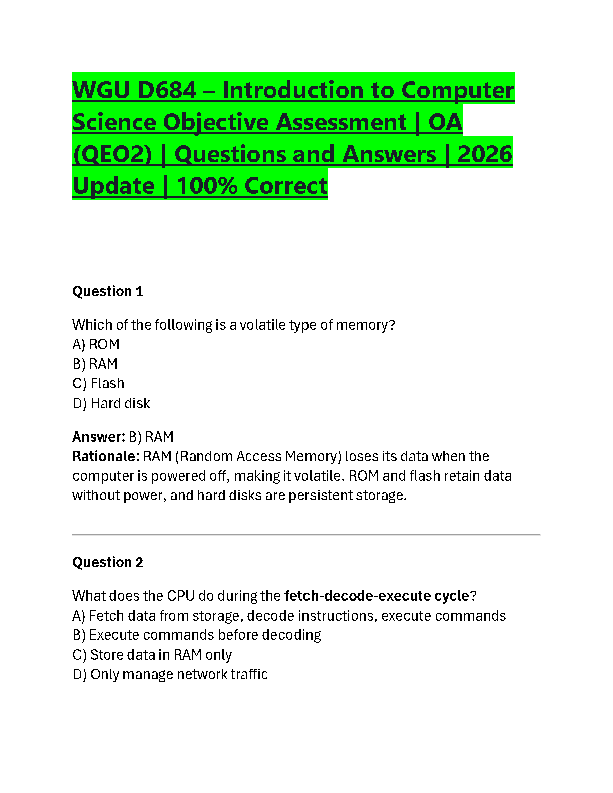 WGU D684 Intro CS QEO2 Test Bank | 2026 IMG-1