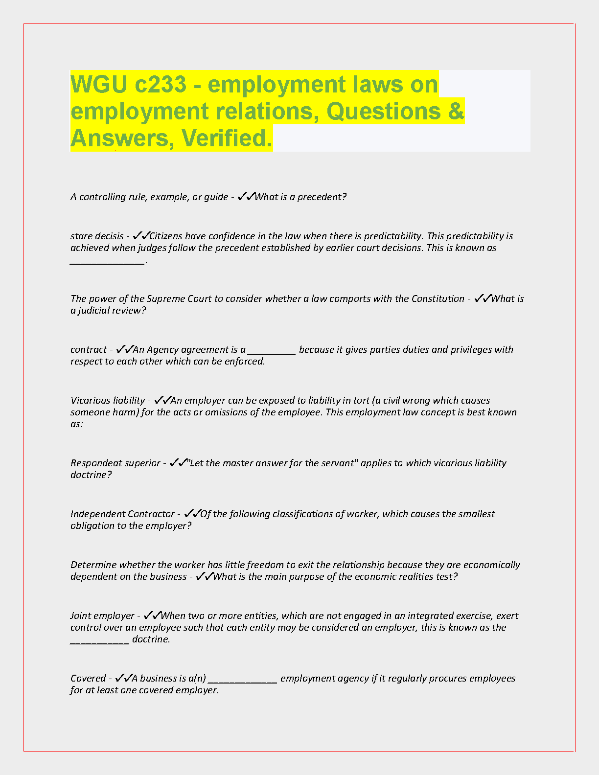 WGU C233 Employment Law Q&A Study Guide 2024-2025 IMG-1