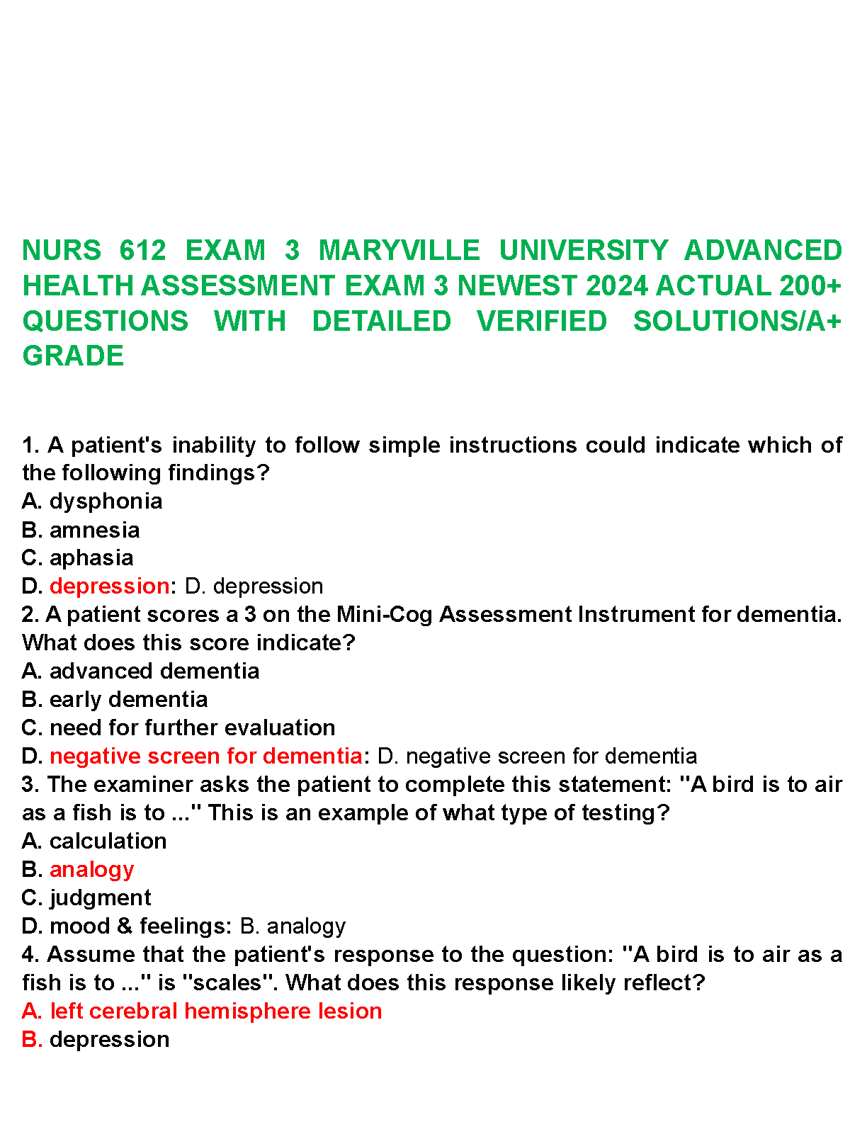 NURS 612 Exam 3 Test Bank 2024 | Advanced Health Assessment