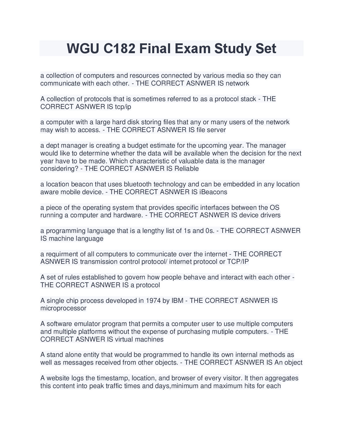 WGU C182 Final Exam Study Guide and Answer Key