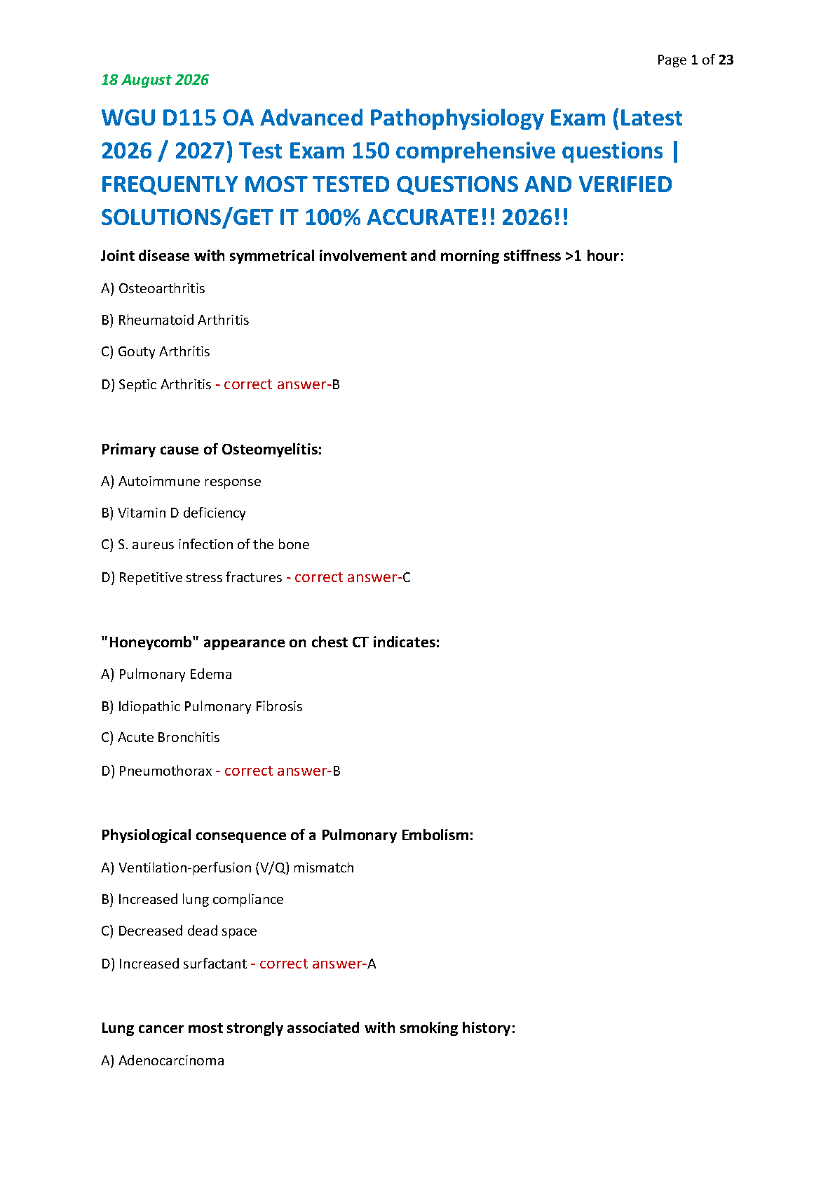 WGU D115 Advanced Pathophysiology Test Bank 2026