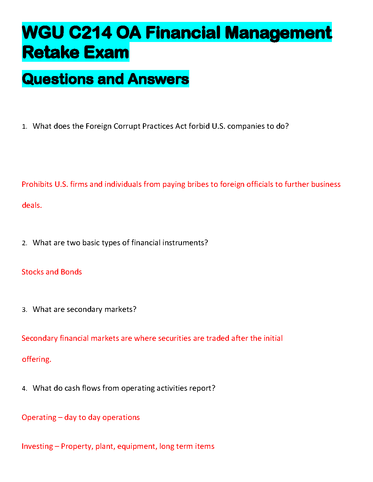 WGU C214 OA Financial Mgmt Retake Exam Qs & As