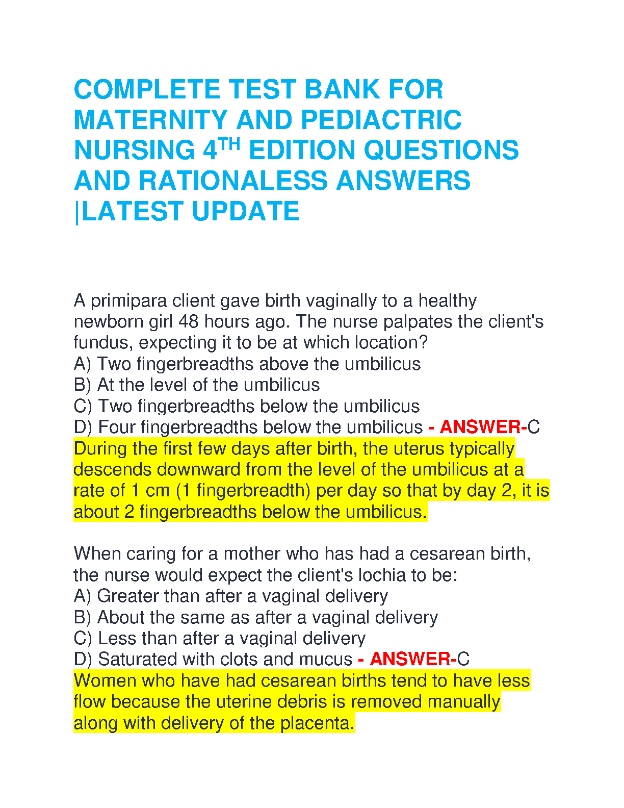 Perry Maternity Pediatric Nursing Test Bank 2026/27