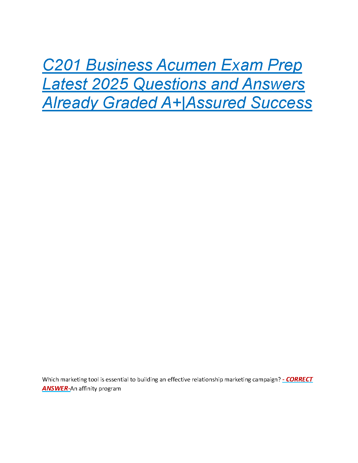 WGU C201 Business Acumen Test Bank with Verified Answers